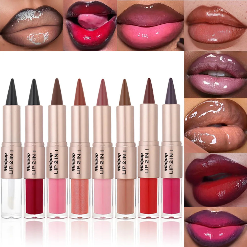 Brillo Labial 2 en 1 de Doble Punta, Delineador y Lápiz Labial, Impermeable, de Larga Duración, Voluminizador, Mate, Hidratante, Brillante, con Tinte Natural