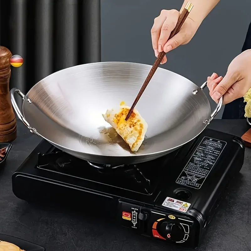 Wok grande de acero inoxidable, sartén de Chef duradera gruesa sin recubrimiento de alta calidad con asas dobles, fácil de limpiar para uso comercial, 1 ud.