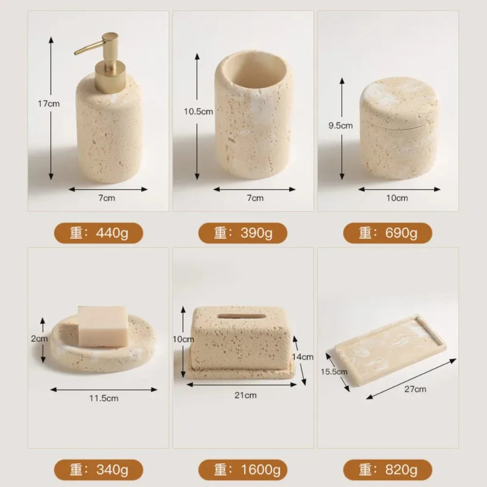 Juego de baño de travertino: jabonera con drenaje, dispensador de jabón líquido, dispensador de emulsión, dispensador de jabón en barra, caja de jabón, vaso para enjuague bucal y bandeja.