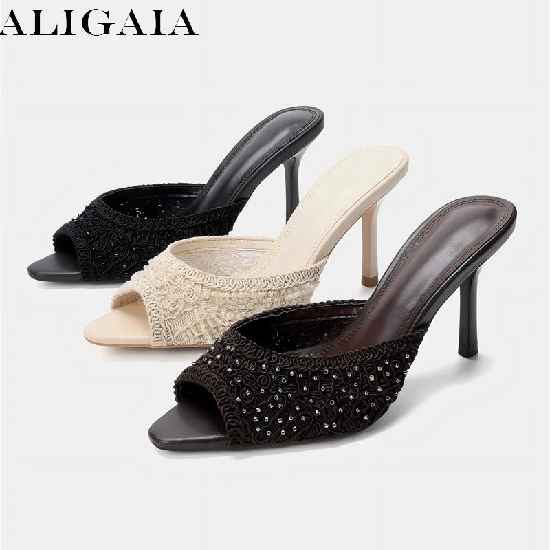 Aligaia 2026 Elegantes Sandalias de Tacón Alto para Mujer, con Cuentas, Punta Abierta, Casuales, de Diseñador, para Verano