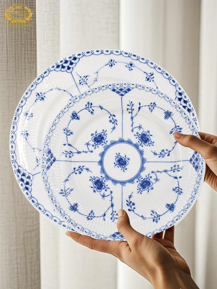 Juego de vajilla de porcelana blanca de Jingdezhen con diseño de hierba Tang azul y blanca, plato llano para uso doméstico, t...