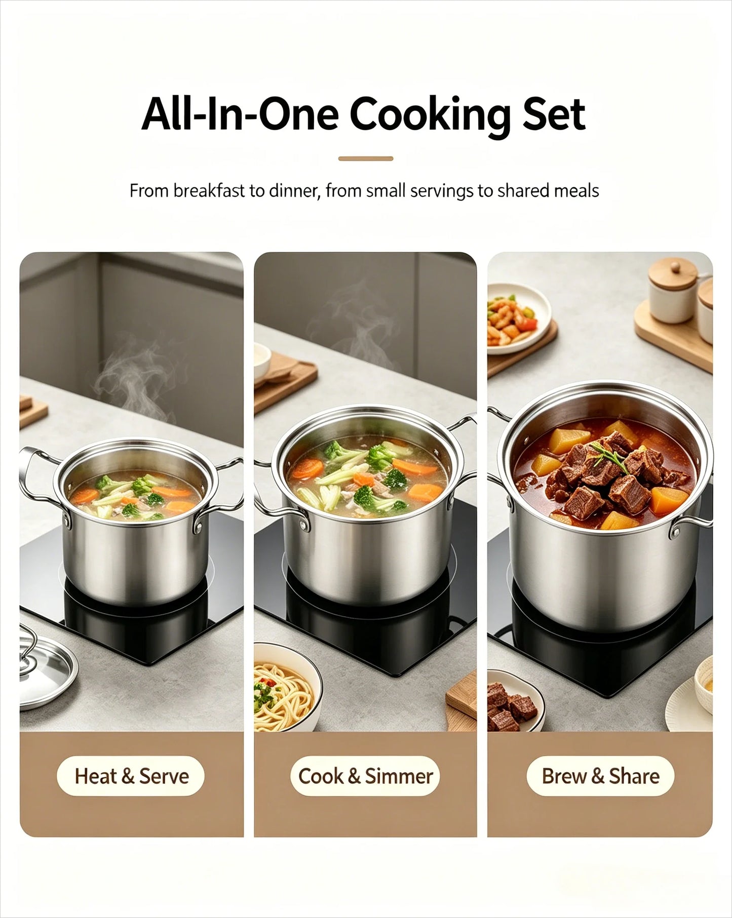 Olla de Cocina de Acero Inoxidable, Cacerola Antiadherente para Leche con Tapa, Utensilios de Cocina, Accesorios, Ollas para Sopa, Portátil para Camping