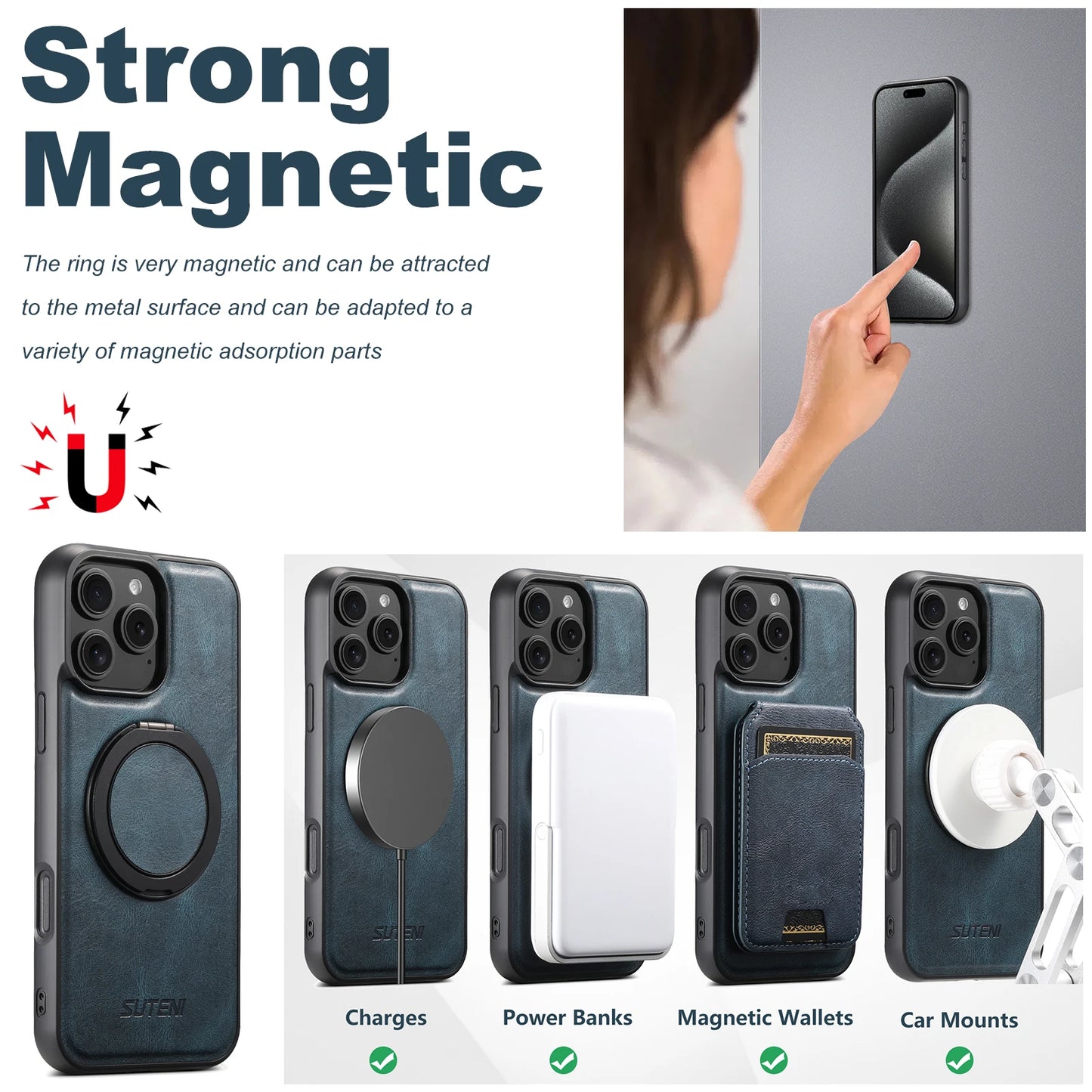 Carga inalámbrica MagSafe compatible con magnético fuerte 360 °   Funda de teléfono de cuero PU con soporte de anillo giratorio para iPhone 17 16 15 14 13 12
