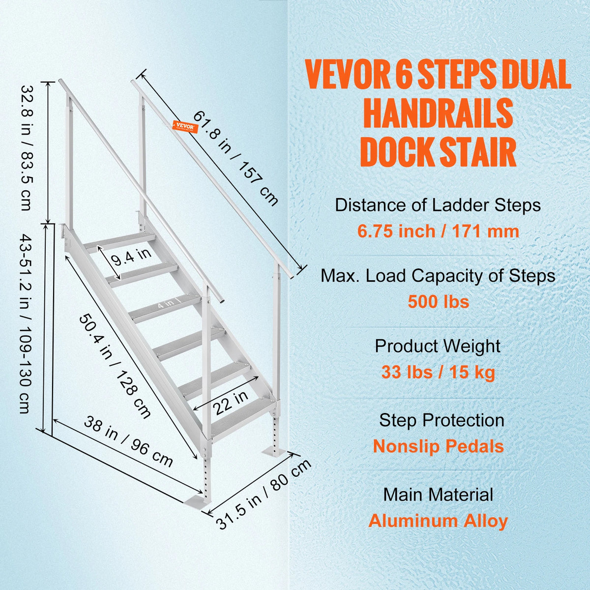 SucceBuy Escalera de muelle de pasamanos dobles de 4/6 escalones de aluminio con alfombrilla de goma de 30 "-39" de altura ajustable para piscina de embarque marina de lago