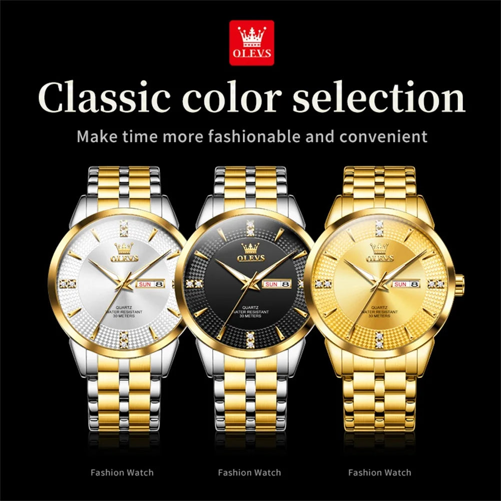 OLEVS 9917 New Mens Watch Original Quartz Watch Diamond Scale Waterproof Luminous Dual Calendar Display Mens Gifts Freebie Reloj