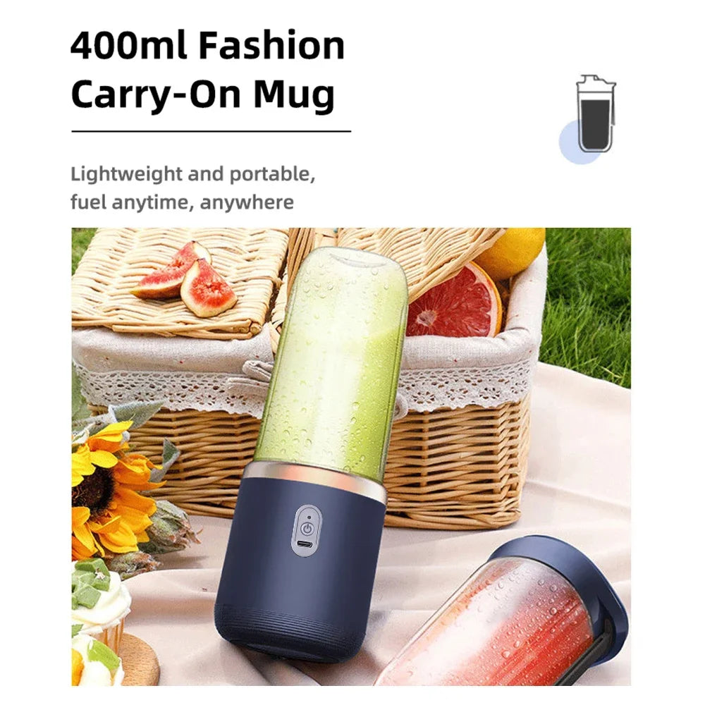 Licuadora Eléctrica Portátil de 400 ml, 2 Tazas, Mini Licuadora Multifuncional Inalámbrica para el Hogar, Recargable por USB, Vaso Mezclador Pequeño