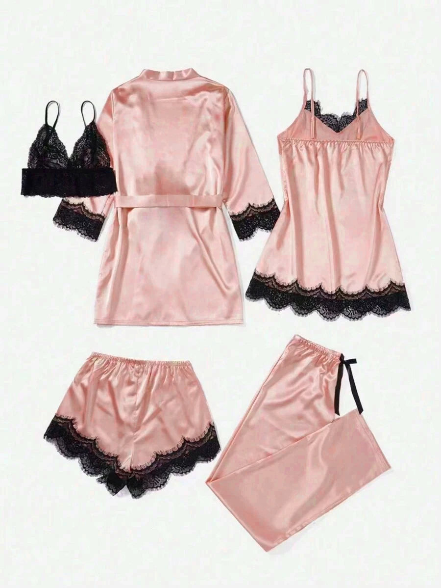 Conjunto de pijama de satén para mujer, bata de lencería Sexy, albornoz de encaje de seda, vestido de noche, pantalones, ropa de dormir para el hogar, 5 piezas