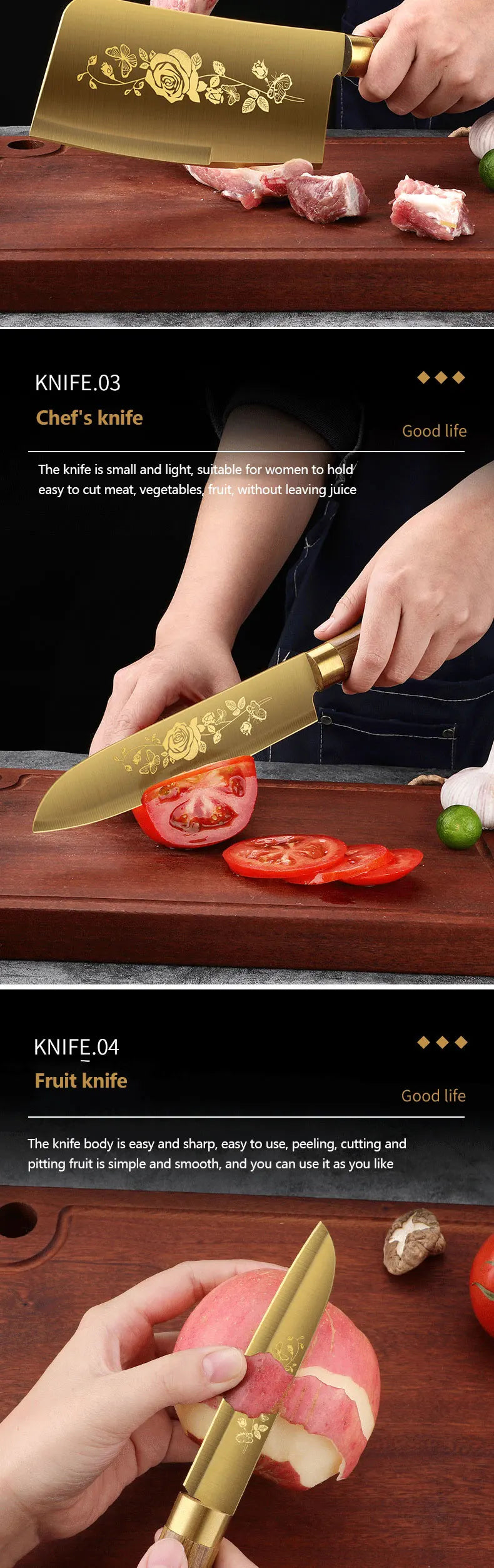 Juego de Cuchillos de Cocina de 4 Piezas con Diseño de Rosa Dorada, Cuchillo de Chef de Acero Inoxidable de Lujo para Cocinar, Herramientas de Cocina Profesionales Afiladas