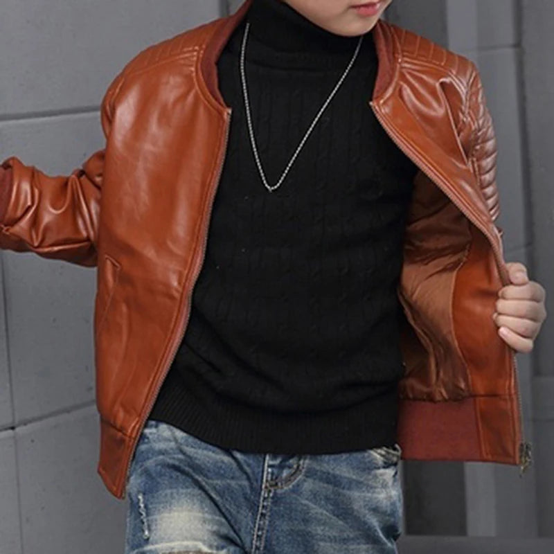 Abrigos para niños, moda de otoño e invierno, chaqueta de cuero PU de algodón cálida de terciopelo para niños coreanos, chaqueta para niños de 3 a 8 años, prendas de vestir exteriores