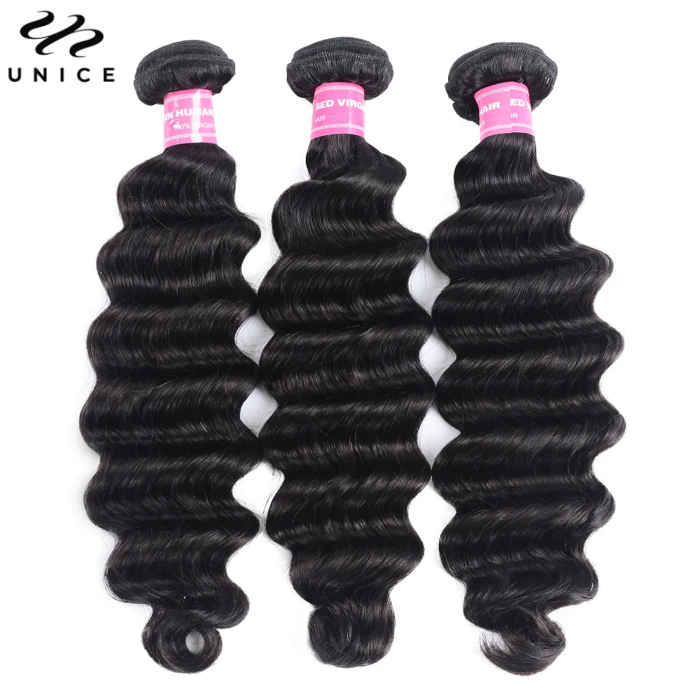 Extensiones de Cabello Natural Unice Hair, Ondulado Profundo, 1/3/4 Piezas, Color Natural, 100% Cabello Humano, Extensiones para Coser, Tejidos Rápidos