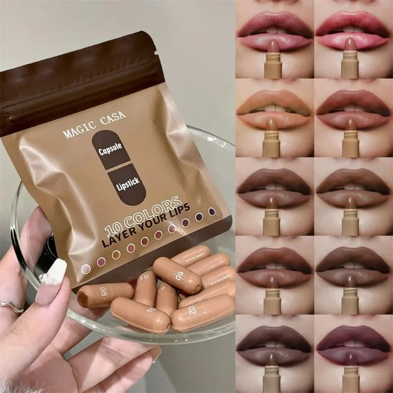 ‌ Set de 10 Labiales en Cápsula en Tonos Marrones, Acabado Mate y Suave ‌   Bálsamo Labial Mini de Larga Duración, Resistente a Manchas, Kit de Maquillaje Labial de Alta Pigmentación