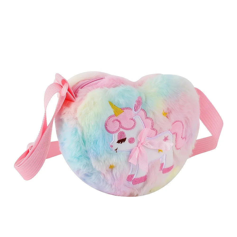 Lindo unicornio para niñas, bolso de hombro con cremallera de corazón de felpa, bolso de mensajero, monedero, cartera, bolso cruzado, regalo para niños, Mochila pequeña