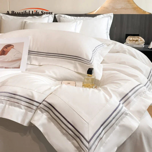 Juego de ropa de cama de lujo para Hotel, funda de edredón con bordado de Color sólido, Sábana plana/ajustada, fundas de almohada, tamaño Queen y King, 100% algodón