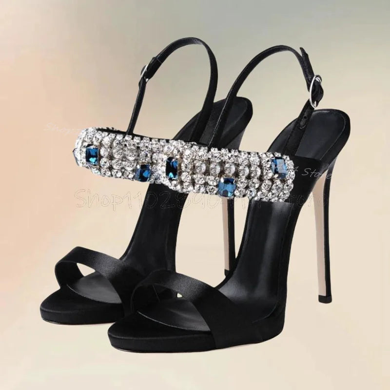 Sandalias de Punta abierta con decoración de cristal Para mujer, Zapatos de tacón alto fino con hebilla en el tobillo, a la moda, Para fiesta, 2024