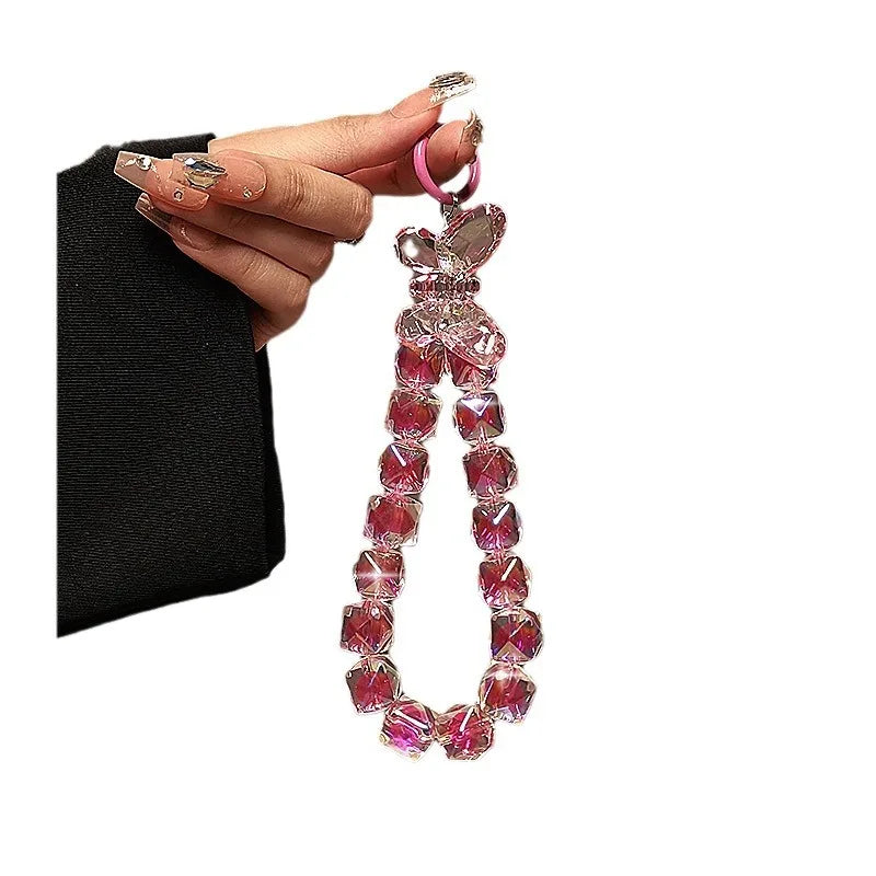 Cordón de lujo para teléfono, lazo acrílico brillante de cristal, dijes para teléfono, cadena corta para muñeca, se puede llevar a mano, colgante de cuentas de cadena