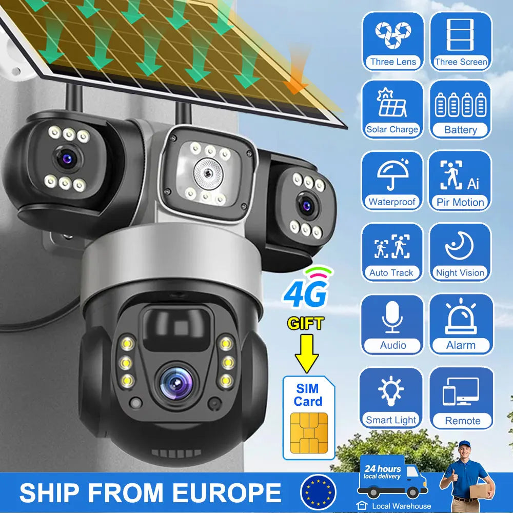 Cámara CCTV Solar con Tarjeta SIM 4G, 12MP, Seguridad Exterior, Monitor PTZ, Visión Nocturna, Cámara de Video y Batería Recargable