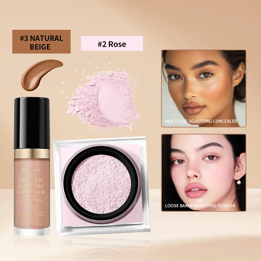 Juego de maquillaje facial de 2 piezas con corrector y polvo fijador suelto, acabado mate natural para el rostro, cosméticos para mujer, maquillaje coreano