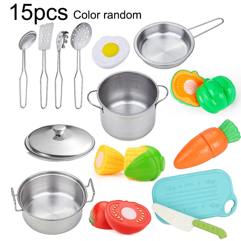 Accesorios para juego de imitación de cocina, juguetes con utensilios de cocina de acero inoxidable, juego de ollas y sartenes, utensilios de cocina, herramienta de aprendizaje para regalos