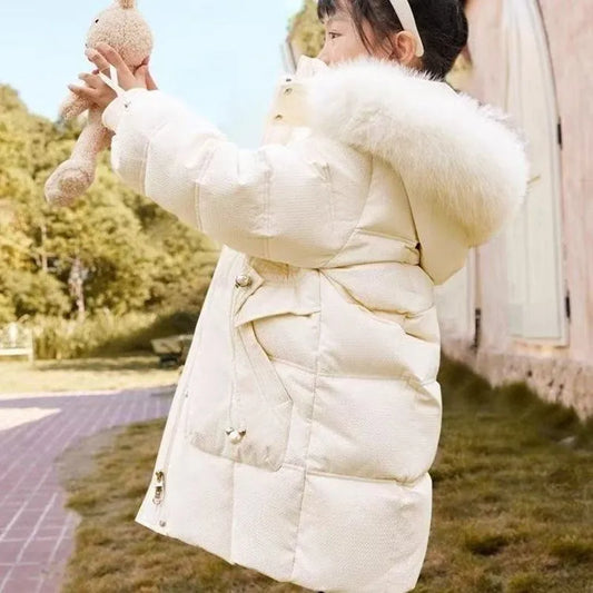 Chaqueta de plumón para niña, abrigo con cuello de piel gruesa holgada y de felpa, nuevo estilo, invierno 2026, 110-170cm