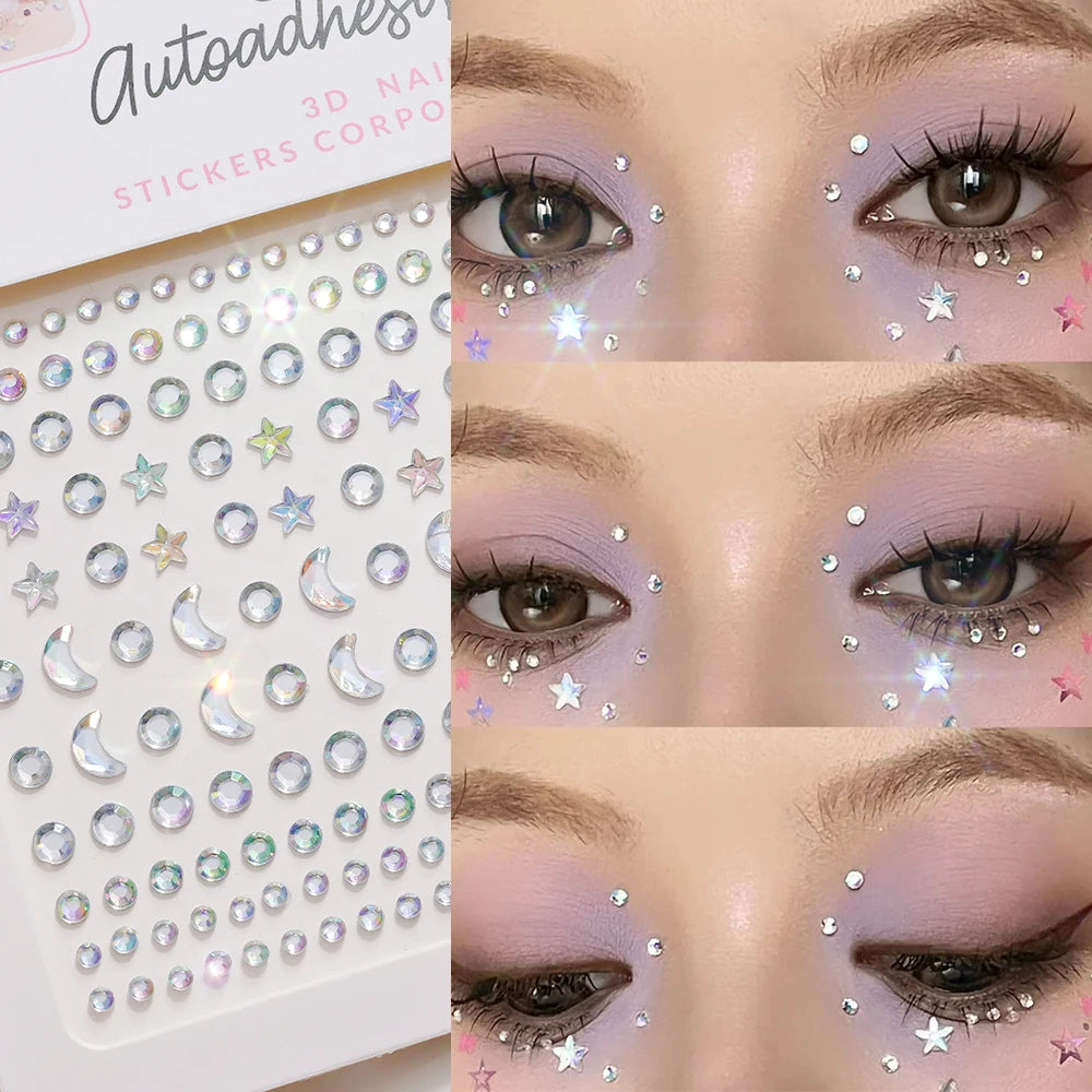 1 unidad 3D Y3K plata Aurora Luna estrella cara gemas joyas pegatinas de diamantes de imitación autoadhesivo cristal maquillaje diamantes tatuajes decoración