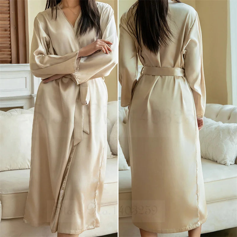 Bata larga Kimono de satén para mujer, bata de baño suelta, ropa de salón para el hogar, ropa de dormir Sexy, lencería íntima, primavera y otoño