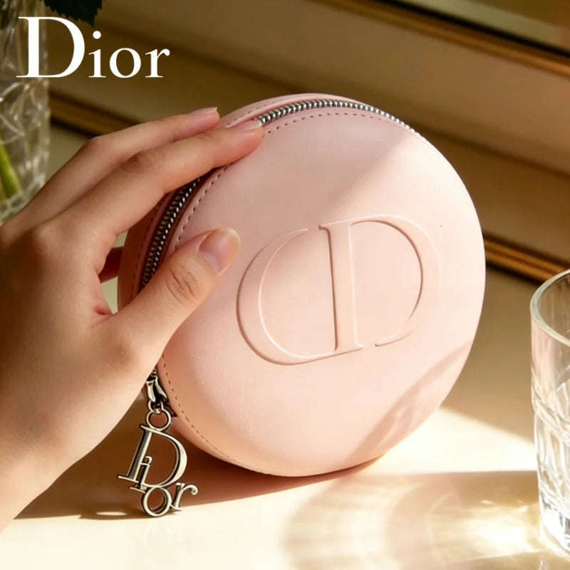 Bolso Christian Dior, bolso de maquillaje de silicona redondo rosa de lujo para mujer, organizador de cosméticos portátil para viaje, pequeño organizador de cosméticos de silicona suave
