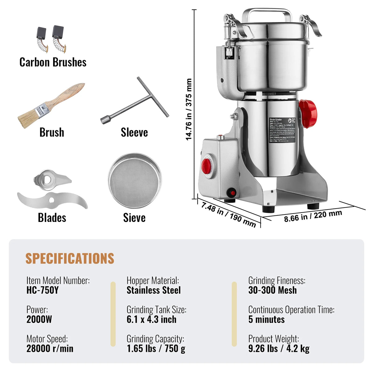 SucceBuy-molinillo de granos eléctrico, molinillos de especias oscilantes comerciales para hierbas secas, granos, especias, cereales, café y maíz, 150-2500g