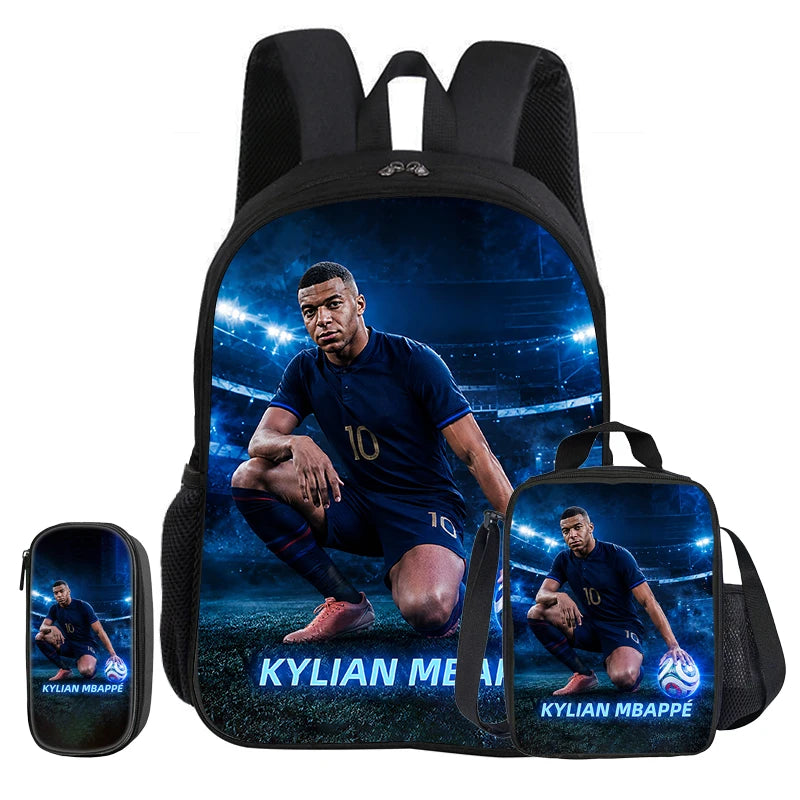M-Mbappe-Juego de 3 piezas de mochila escolar con diseño de estrella de fútbol para niños, bolsa para lápices, mochila con bolsa para el almuerzo, mochila deportiva, regalo para niños