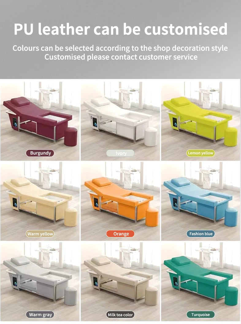 Mesa de Masaje Tailandesa de Diseño Moderno, Cama Eléctrica para Lavado de Cabello, Equipo de Spa Capilar, Cama Reclinable para Salón de Belleza con Lavabo de Cerámica y Reposapiés