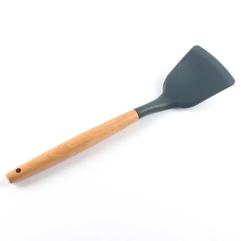 Juego de 12 utensilios de cocina de silicona con mango de madera, espátula antiadherente, cuchara para sopa y freír