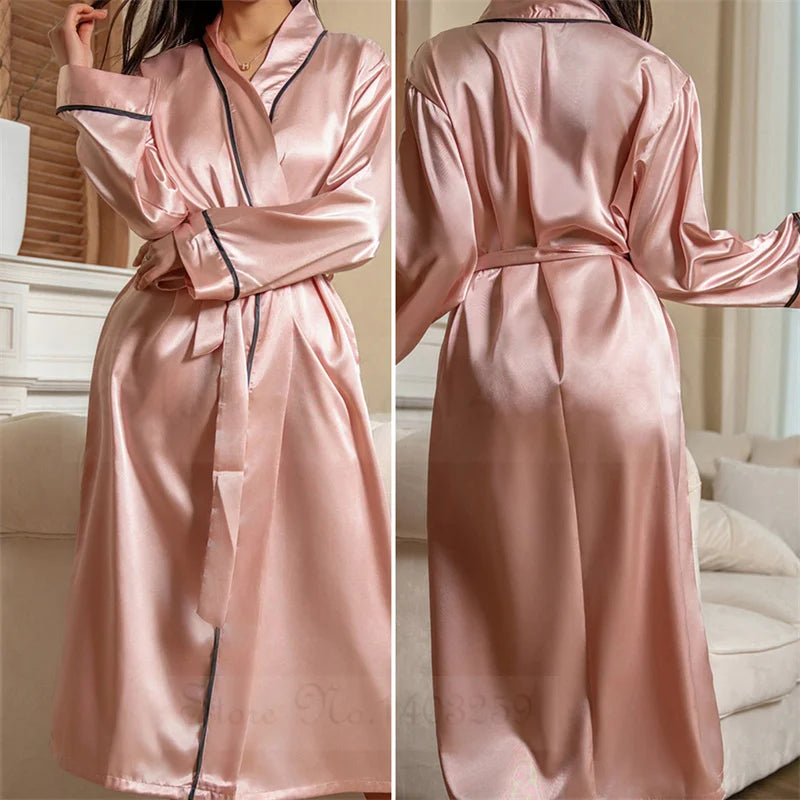 Bata larga Kimono de satén para mujer, bata de baño suelta, ropa de salón para el hogar, ropa de dormir Sexy, lencería íntima, primavera y otoño