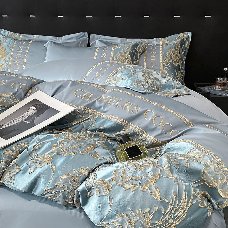 Juego de cama europeo de alta gama, juego de cuatro piezas de algodón de lujo, funda de edredón bordada de algodón, sábanas, sombreros, ropa de cama para personas mayores