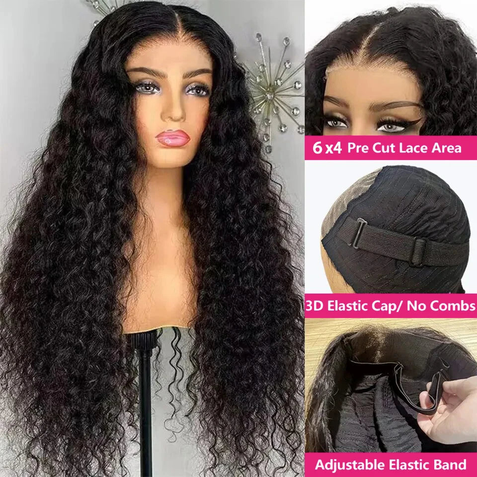 Peluca de cabello humano rizado con encaje Frontal, pelo sin pegamento, listo para usar, onda profunda 13x6 HD, predesplumada
