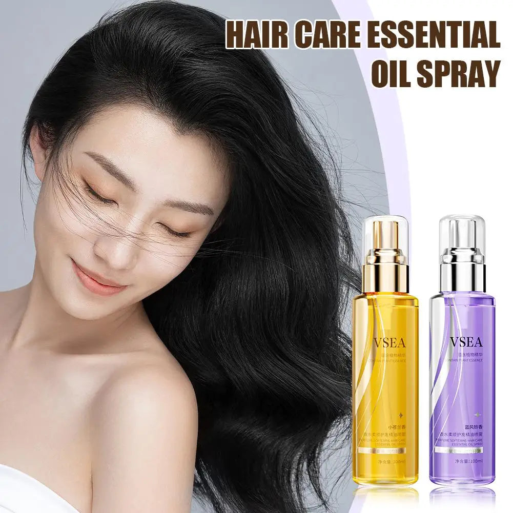 Spray de aceite esencial para el cuidado del cabello de 100 ml para mujeres, anti-frizz, control de encrespamiento, brillo, fragancia, acondicionador sin enjuague.