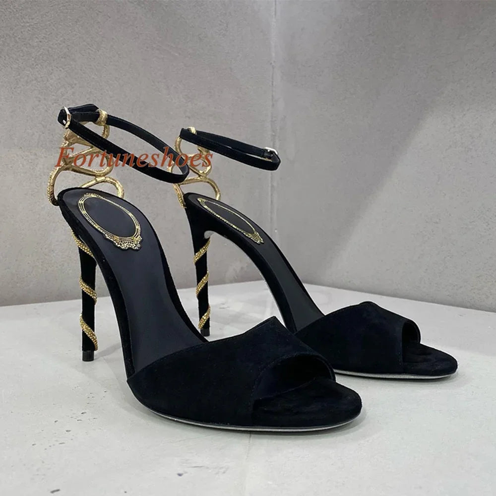 Sandalias de mujer con hebilla de cinturón de una palabra, zapatos de tacón alto de aguja con diamantes de imitación de cristal, sandalias enrolladas a la moda para verano 2024