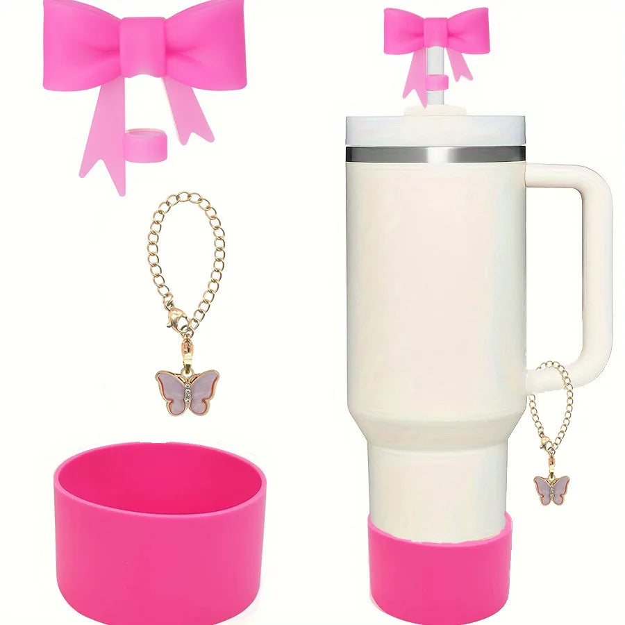 Juego de 3 Cubiertas de Silicona para Vasos con Diseño de Lazo y Cadena de Mariposa Rosa, Accesorios para Vasos de 30/40 oz ﻿
