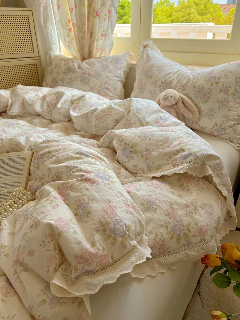 Juegos de funda nórdica de algodón lavado, juego de cama con estampado de flores individual/Queen/king, estilo princesa, funda de couette de 220x240 con encaje