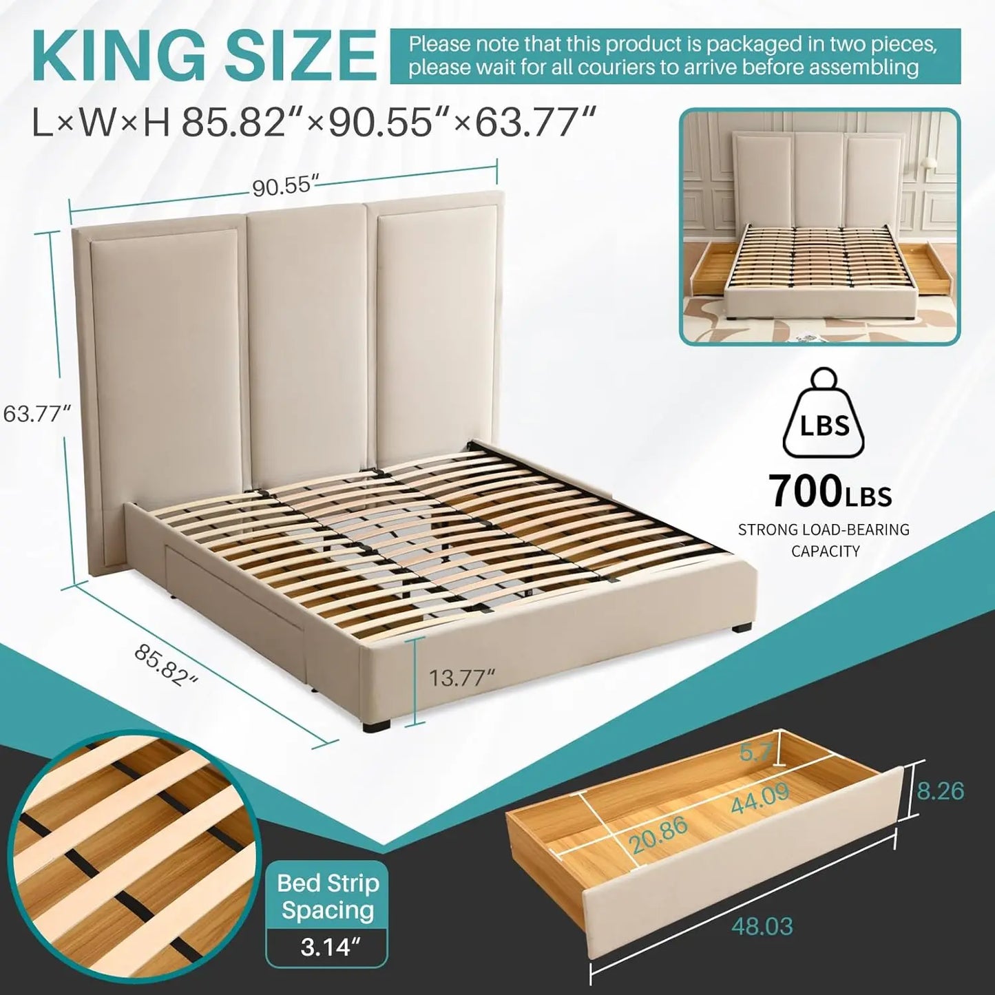 Estructura de cama tamaño King con cabecero alto de 64 pulgadas, cama con plataforma tapizada de lino simple y aireada con cajones de almacenamiento, listones de madera,