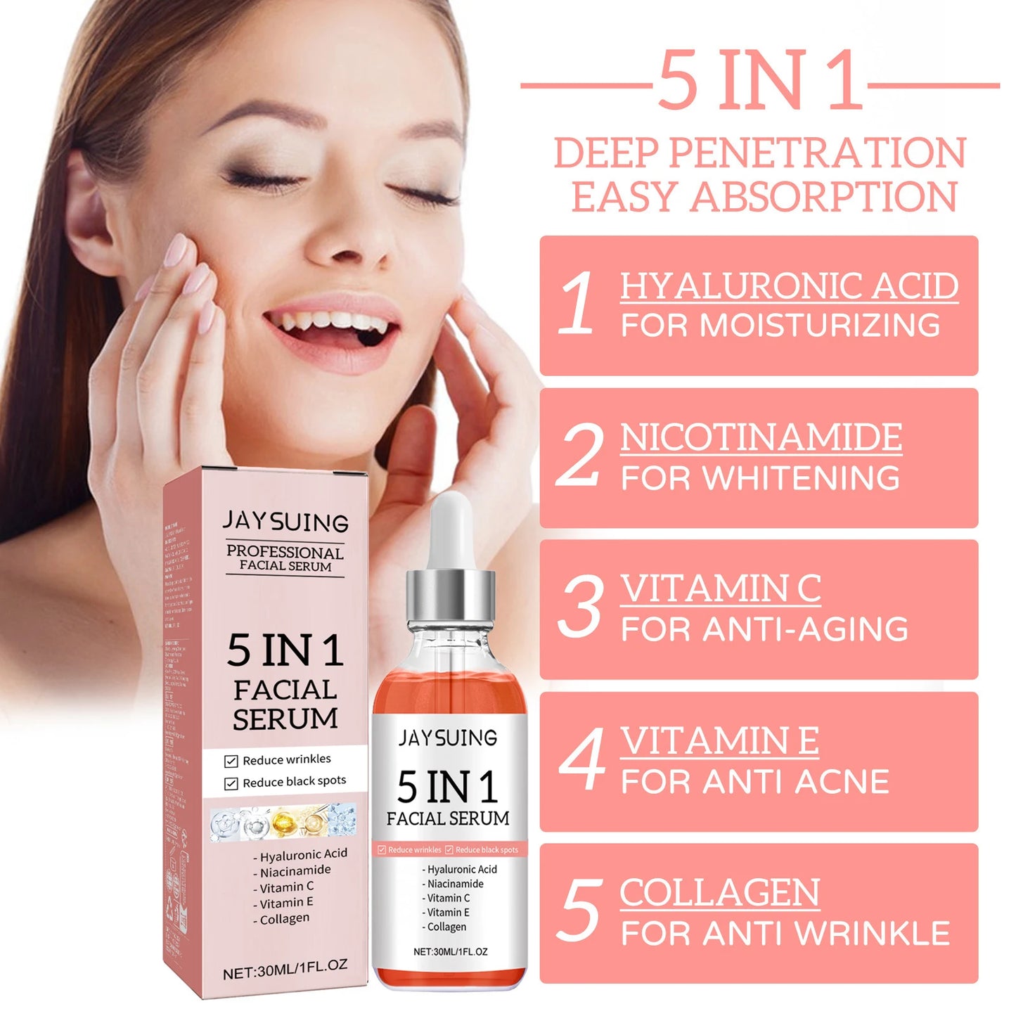 Suero Facial 5 en 1 para Reducir Líneas Finas, Reafirmante, Reduce Manchas y Pigmentación, Hidratante, Reafirmante de Piel