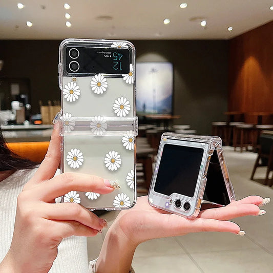Funda de teléfono transparente con diseño de flor de amor para Samsung Galaxy Z Flip7 FE Flip 7 6 5 4 3 5G Flip5 Flip6, funda dura para PC a prueba de golpes