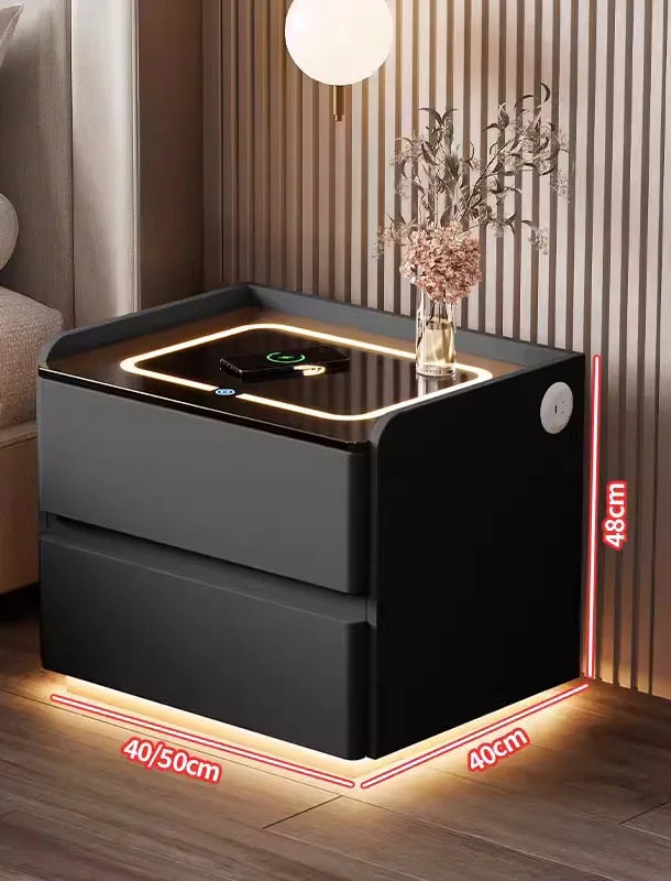 Mesita de noche inteligente de madera maciza con carga inalámbrica, mesita de noche de estilo moderno con 2 cajones y cerradura, armario lateral para el hogar