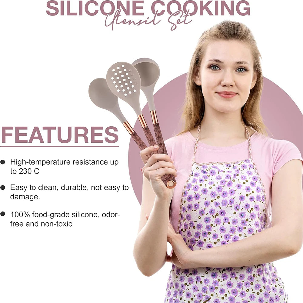 LMETJMA Juego de utensilios de cocina de silicona, 10 Uds., utensilio de cocina con soporte para utensilios, asas de patrón de madera, utensilios de cocina antiadherentes JT264