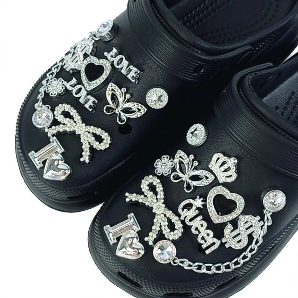 Juego de 20 piezas de dijes para zapatos, corona plateada, letra, mariposa, cadena de diamantes, decoraciones para zapatos, hebilla para sandalias, zuecos, accesorios DIY, regalo