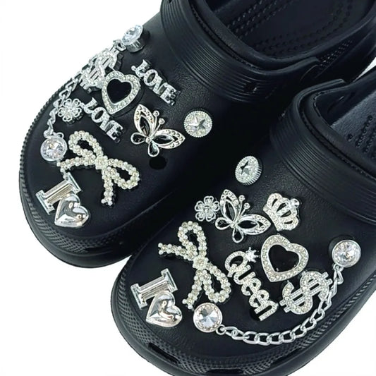 20 Stück Schuh-Charms-Set, silberne Krone, Buchstabe, Schmetterling, Diamantkette, Schuhdekorationen, Schnalle für Sandalen, Clogs, DIY-Zubehör, Geschenk
