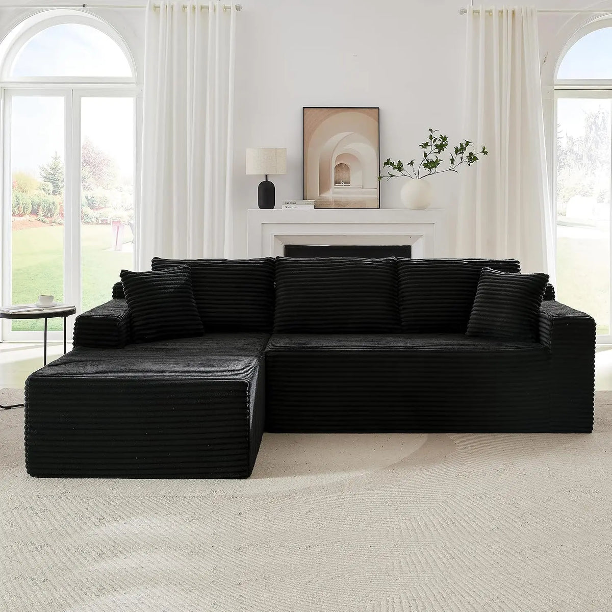 Sofá Modular de Corduroy Negro con Chaise Longue en Forma de L, Asiento Profundo con Espuma Comprimida, No Requiere Montaje, Personalizable