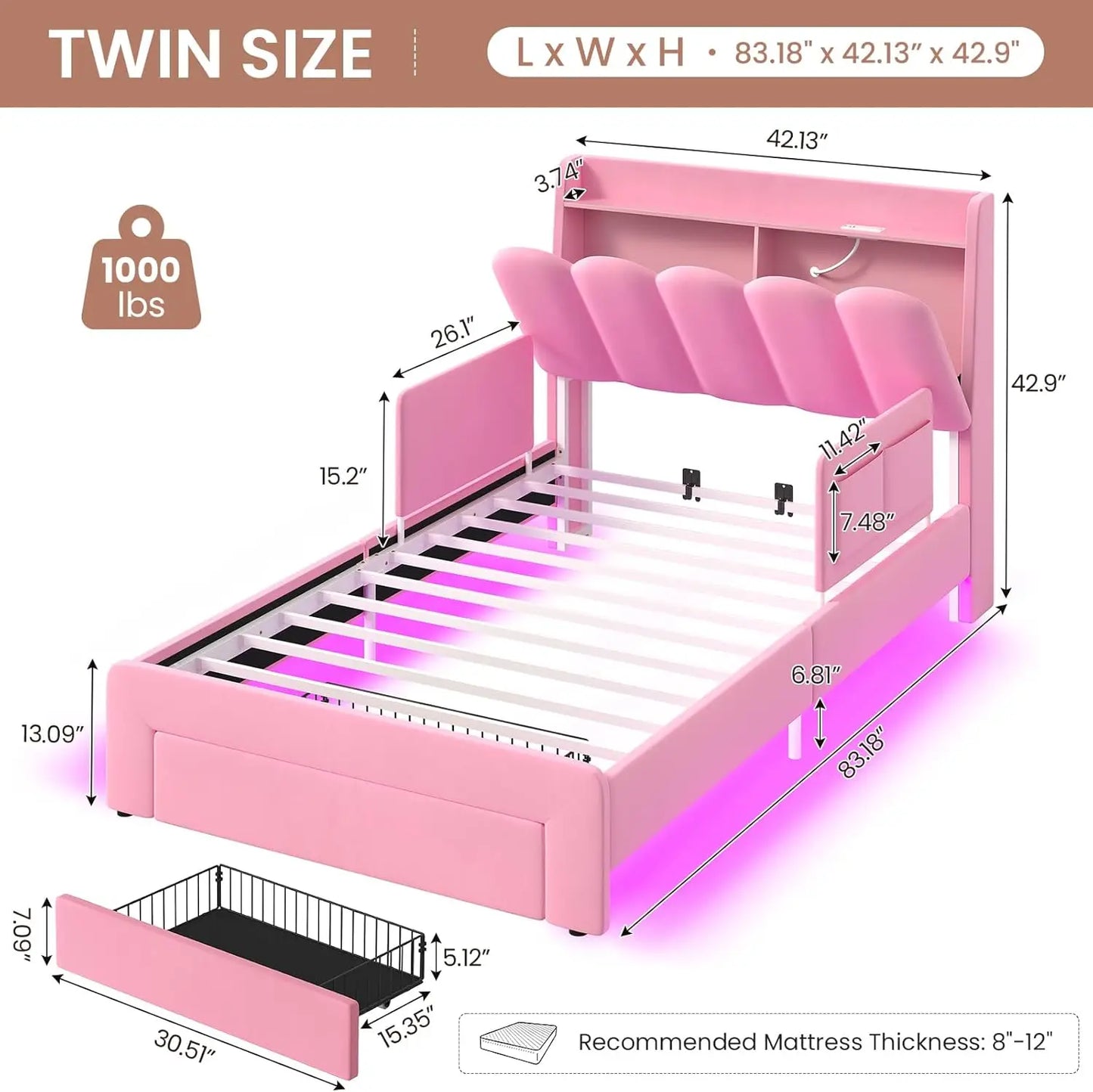 Cama de princesa tamaño twin con cajones de almacenamiento, barandillas de seguridad, plataforma tapizada en terciopelo con luces LED, cabecero ondulado con almacenamiento para niñas
