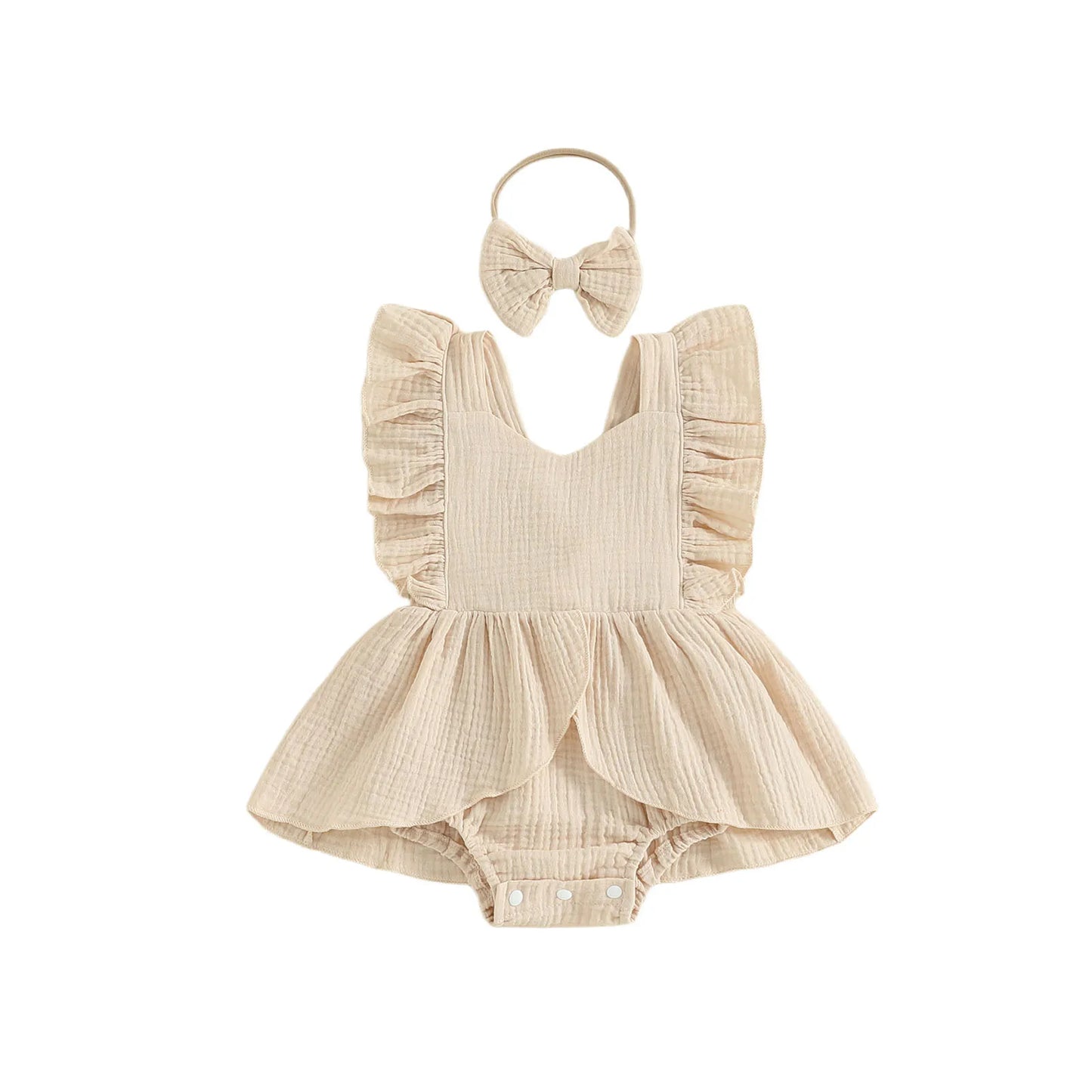 FOCUSNORM 0-18M encantador vestido mameluco para niñas cuello cuadrado manga voladora monos de Color sólido con conjunto de diadema con lazo
