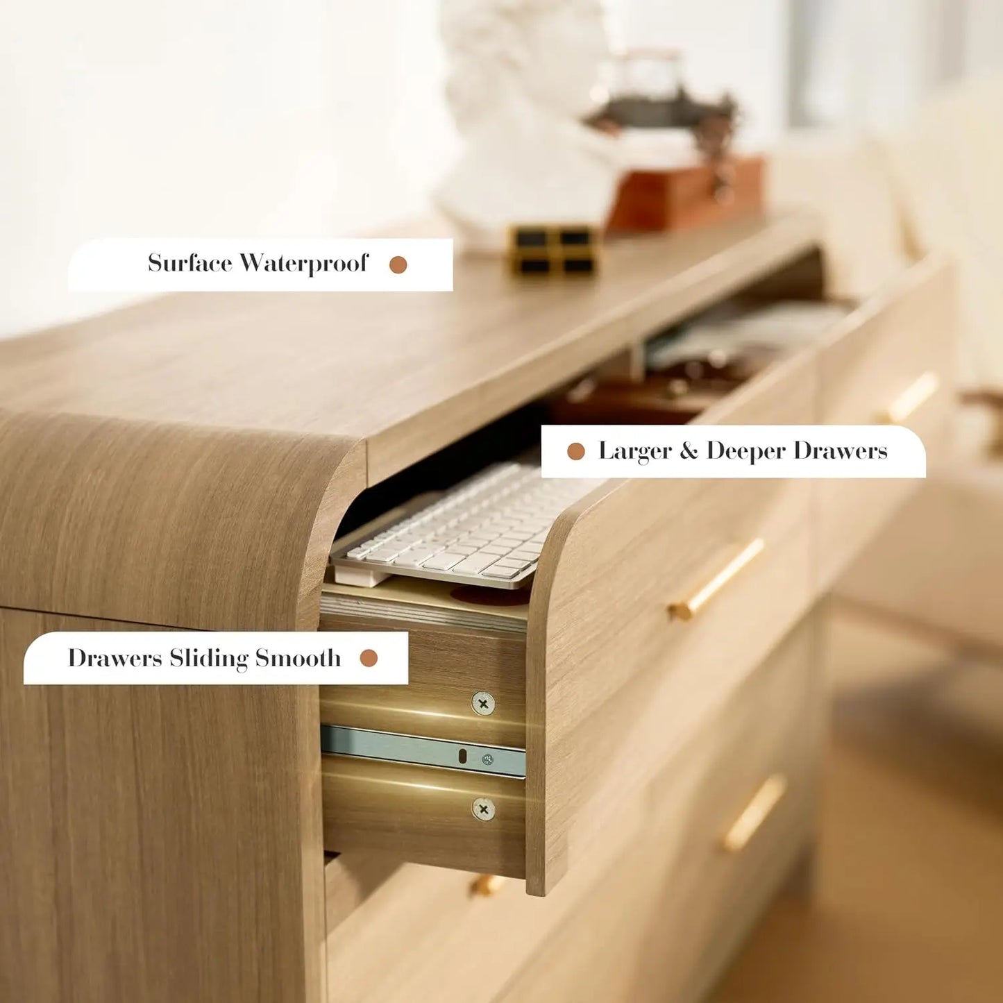 Curved 6-Drawer Dresser 54" Wide Modern Chest Vanity TV Stand Closet Nursery Hallway Oak, Customized