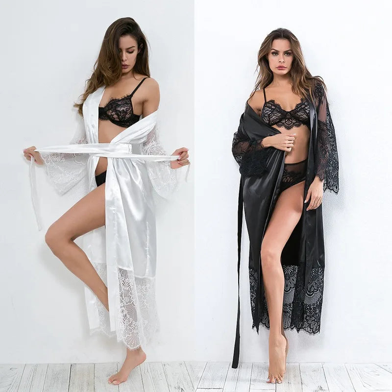 Bata de dormir Sexy para mujer, albornoces de encaje, kimono, ropa de dormir para dama de honor, medio sin mangas