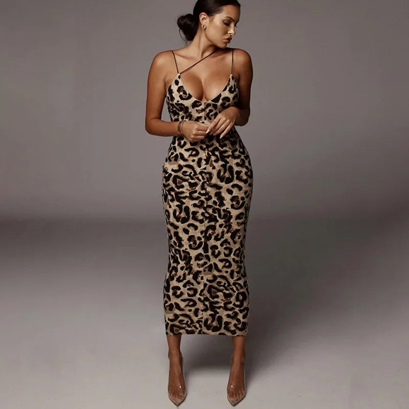 Vestido elegante sin mangas de leopardo para mujer, ropa Sexy de verano, moda femenina, cintura alta, tirantes finos, vestidos de fiesta de noche ajustados